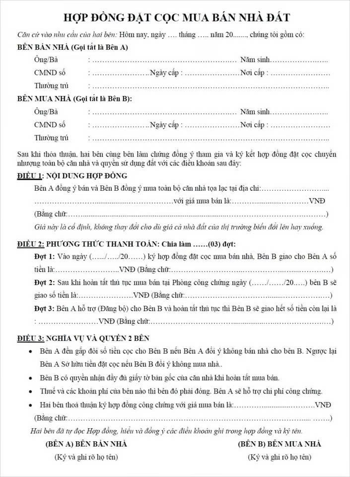 Hợp đồng đặt cọc mua bán nhà đất